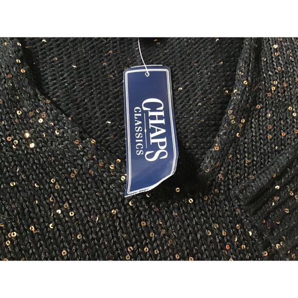 Chaps V Neck Sweater Size M Black 3/4 Sleeve Copper Sequins Cotton Blend NWT - Picture 6 of 7